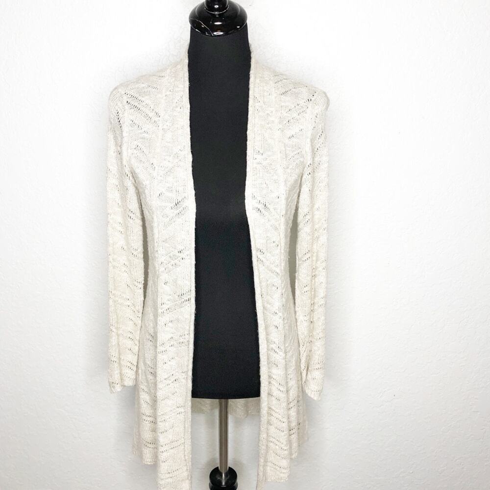 Eileen Fisher cream tan open knit open front long linen blend cardigan size XS
